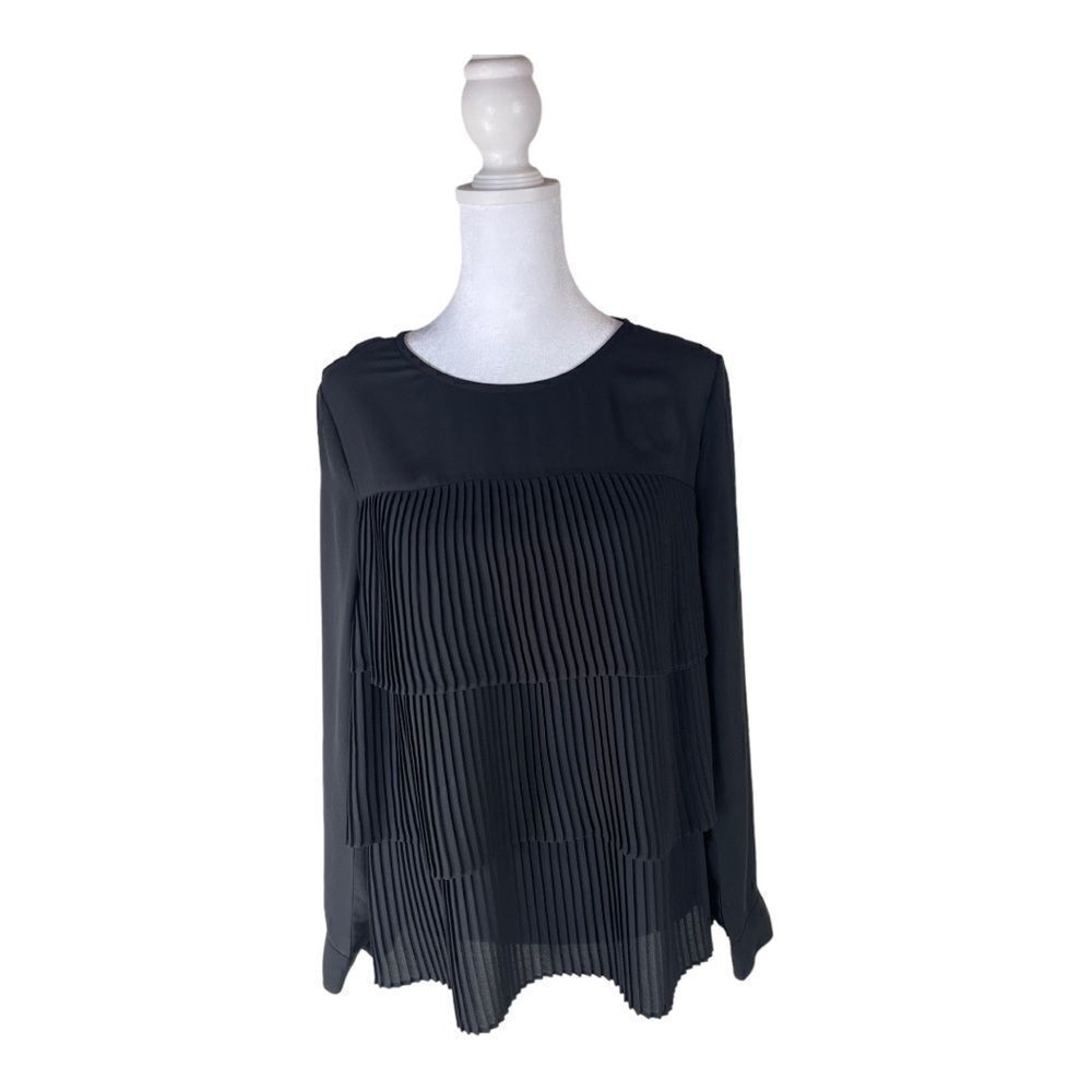 J.JILL Pleat Layered Chiffon Top Blouse Long Sleeves Black Women SZ XS EUC